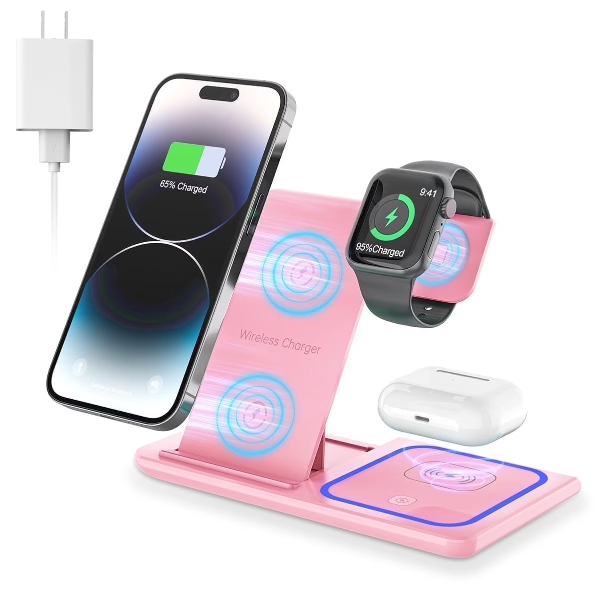 Wireless Charging Station, 18W 3 in 1 Charger Station, Fast Charging Dock Stand for Iwatch Series 11/10/9/8/7/6/SE/5/4/3, Compatible for Iphone 17/16 15 14 13 12 11 Pro Max/Samsung/ Airpod