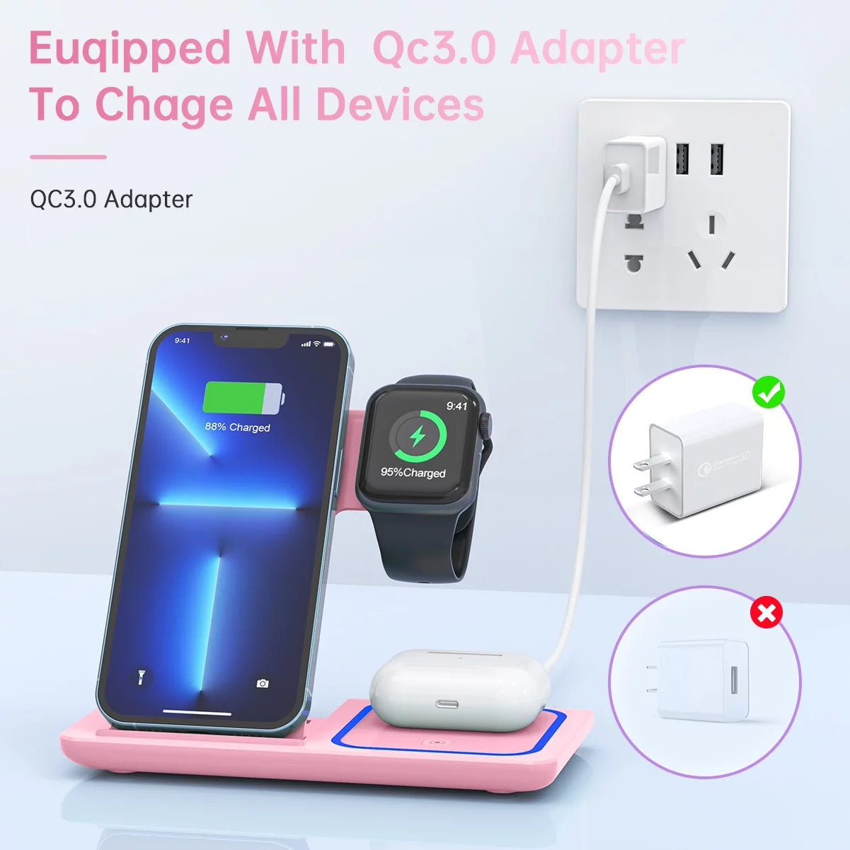 Wireless Charging Station, 18W 3 in 1 Charger Station, Fast Charging Dock Stand for Iwatch Series 11/10/9/8/7/6/SE/5/4/3, Compatible for Iphone 17/16 15 14 13 12 11 Pro Max/Samsung/ Airpod
