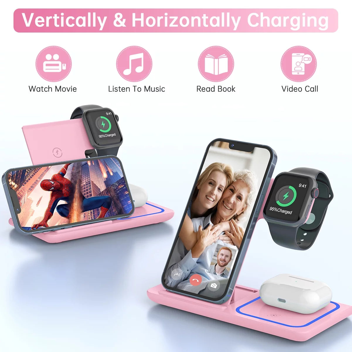 Wireless Charging Station, 18W 3 in 1 Charger Station, Fast Charging Dock Stand for Iwatch Series 11/10/9/8/7/6/SE/5/4/3, Compatible for Iphone 17/16 15 14 13 12 11 Pro Max/Samsung/ Airpod
